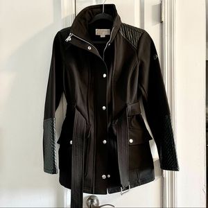 Micheal Kors Quilted Faux Leather Trim Black Trench Jacket